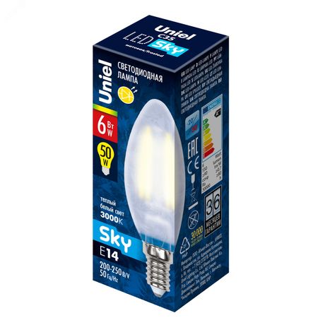 Лампа светодиодная LED-C35-6W/WW/E14/FR PLS02WH LED. "свеча", мат.. Серия Sky. 3000К . | UL-00000305 Uniel