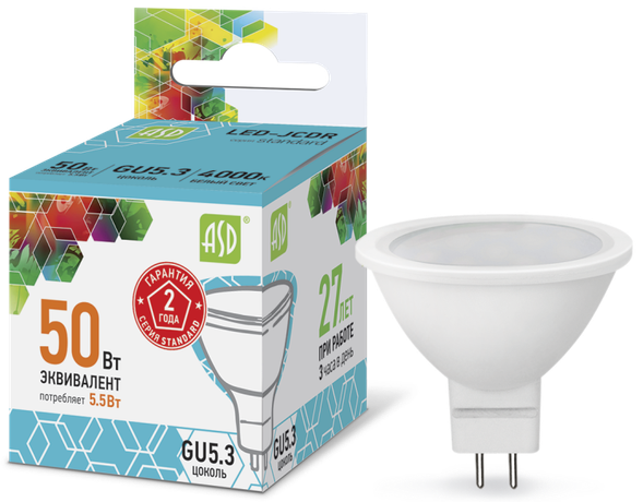 Лампа светодиодная LED-JCDR-standard 5.5Вт 4000К нейтр. бел. GU5.3 495лм 160-260В ASD 4690612001432