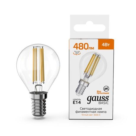 Лампа светодиодная Basic Filament Шар 4W 480lm 3000K E14 LED 1/10/50 | 50512142 Gauss