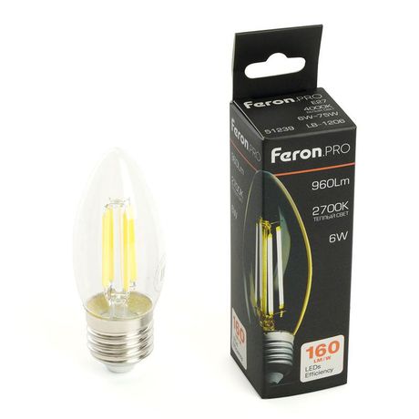 Лампа светодиодная LED 6вт Е27 теплый свеча FILAMENT Feron.PRO - LB-1206 51238