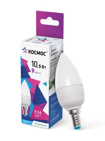 Лампа светодиодная LED 10.5Вт Свеча 220В Е14 D37х100 6500К холодный 840 лм - LkecLED10.5wCNE1465 Космос