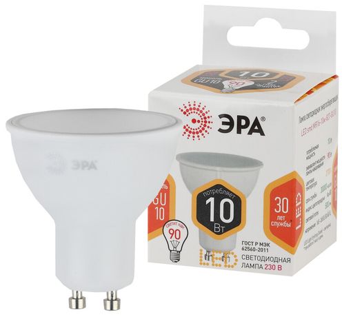Лампа светодиодная LED MR16-10W-827-GU10 (диод, софит, 10Вт, тепл, GU10) ЭРА (10/100/4000) - Б0032997