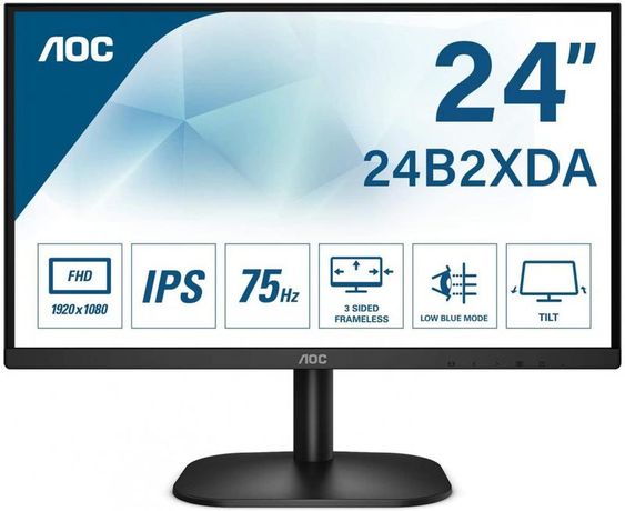 Монитор LCD 23.8дюйм [16:9] 1920х1080(FHD) IPS nonGLARE 250cd/кв.м H178град/V178град 1000:1 20M:1 16.7M 4ms VGA DVI HDMI Tilt Speakers 3Y Black 24B2XDA AOC