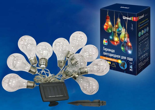 Светодиодный садовый светильник USL-S-126/PT4000 BULBS Садовая гирлянда на солнечной батарее Лампочки,10 светодиодов. Разноцветный свет. 1*АA Ni-Mh аккумулятор в/к. IP44 Uniel - UL-00003332