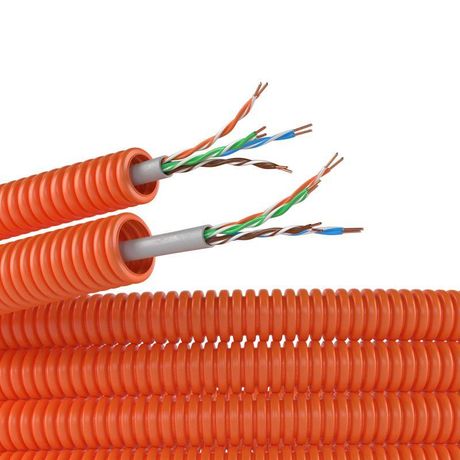 Электротруба ПНД гибкая гофрированная д. 16 мм, цвет оранжевый, с кабелем витая пара 5EU/UTP нг(А)-HF, 50 м | 7EU91650 DKC ДКС