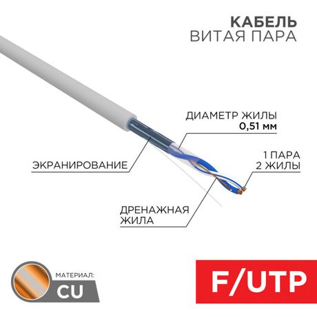 Кабель витая пара F/UTP кат.5e 1х2х24AWG solid PVC INDOOR сер. (м) Rexant 01-0120 MEET
