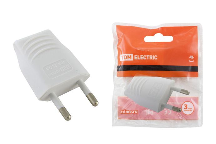 Вилка без заземления белая 10А 250В (евровилка CEE 7/16) прямой вывод проводника - SQ1806-0089 TDM