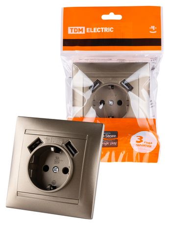 Розетка 2П+З 16А 250В + 2 USB порта 2,1А 5В бронза "Лама" | SQ1815-0742 TDM