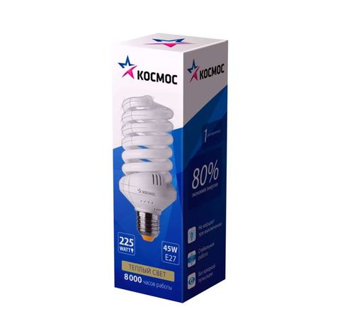 Лампа энергосберегающая КЛЛ 45/827 E27 D64x157 спираль Космос - LKsmT3SPC45wE2727