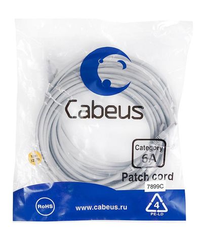 Патч-корд PC-UTP-RJ45-Cat.6a-10m-LSZH U/UTP, категория 6а (10G), 2xRJ45/8p8c, неэкранированный, серый, LSZH, 10м - 7899c Cabeus