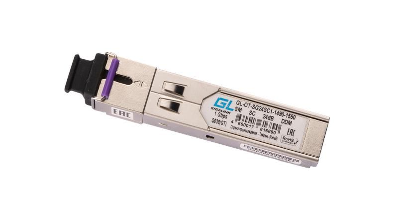 Модуль SFP WDM 1Гбит/с одно волокно SM SC Tx:1490/Rx:1550нм 24дБ до 80км DDM GIGALINK GL-OT-SG24SC1-1490-1550