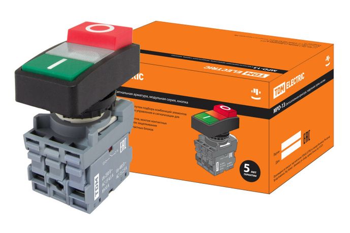 Кнопка двойная MPD13-11С (зеленая/красная-выступающая) (LED) d22мм/220В (I/O) линза прозрачная | SQ0747-0038 TDM