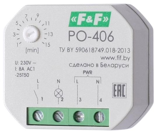 Реле времени PO-406 8А 230В 1НО IP20 задержка выключ./управ. контактом монтаж в коробку d-60мм F&F EA02.001.019 Евроавтоматика