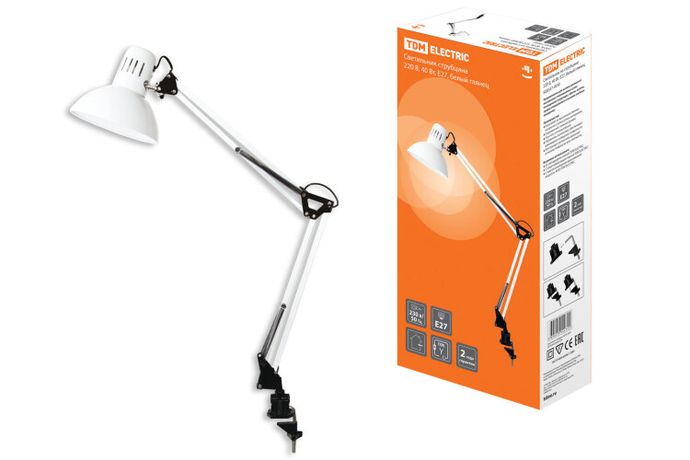 Светильник настольный струбцина 40Вт КЛЛ Е27 белый глянец | sq0337-0030 TDM