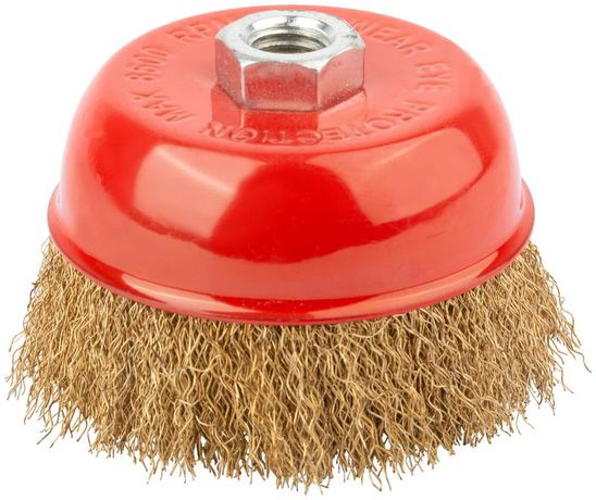 Корщетка чашечная гайка М14 стальная латунированная волнистая проволока 100мм КУРС 39038