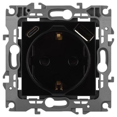 Розетка Серия 12 12-4108-06 2P+E 16A-250В со шторками с USB type-A+C 5В-3А чёрный | Б0067746 ЭРА
