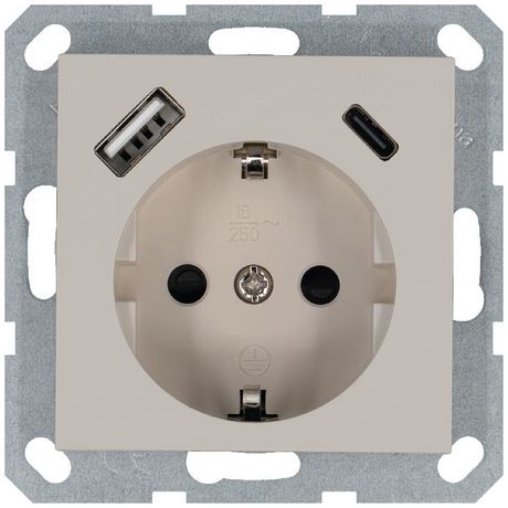 Розетка Shuko 16А с заземл. защ. шторки 2-мя заряд. устройствами USB тип A+C 25Вт механизм тауп Jasmart G5501USB-25T