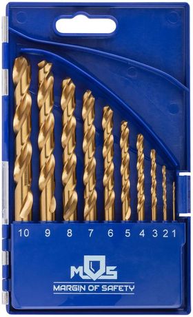 Набор сверл по металлу HSS шлифованные титановое покрытие угол заточки 135град. пласт. кейс 10шт (1-2-3-4-5-6-7-8-9-10мм) MOS 35733М