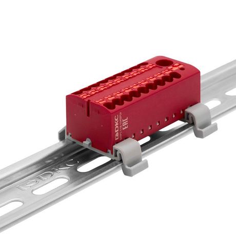 Блок распределительный с гориз. адаптером на рейку шириной 35мм, зажим push-in, 1 ввод 6 кв.мм, 18 точек подключения 2,5 красный - DTP1-118-104SPUR-H ДКС