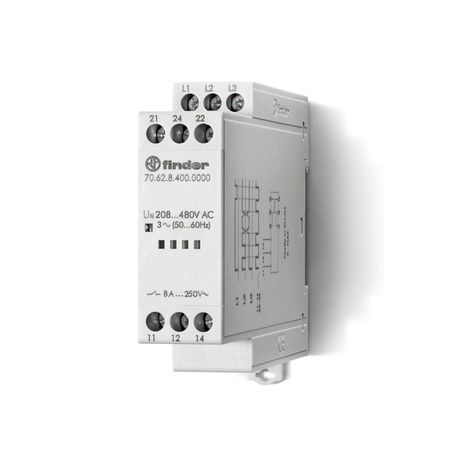 Реле контрольное для 3ф сетей обрыв/чередование фаз фиксир. регулировки выход 2CO 8А модульное 22.5мм IP20 спец. версия Ж/Д-транспорта FINDER 706284000000T