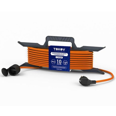 Удлинитель-шнур на рамке 1х10м с заземл. 6А IP44 3х0.75 защ. крышкой TOKOV ELECTRIC TKE-SR10-075-Z