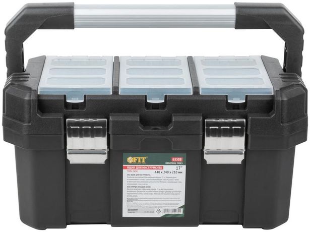 Ящик для инструмента пластиковый 17дюйм 440х240х210мм металл. замки. алюм. ручка FIT 65588 РОС