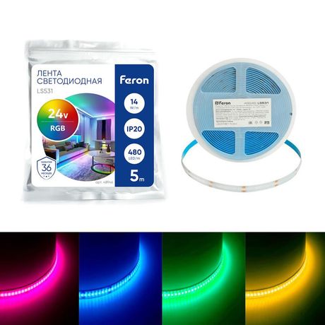 Лента светодиодная 480SMD(2110)/ 14Вт/м 24V 5000*8*1.8мм RGB, IP20, LS531 FERON | 48946