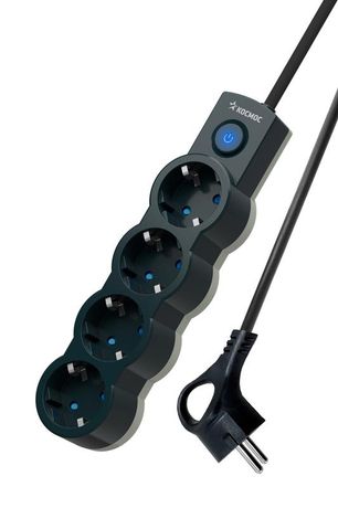 Удлинитель 4х3м с заземл. 10А IP20 2200Вт 220В защ. шторки ПВС 3х1 выкл. черн. КОСМОС YKsm3m-4g-Z-V10A-B