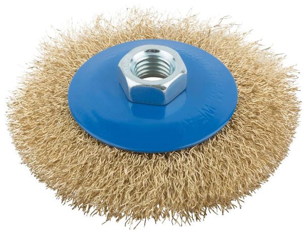 Корщетка тип "колесо" с наклоном гайка М14 стальная волнистая латунированная проволока 100мм MOS 38926М