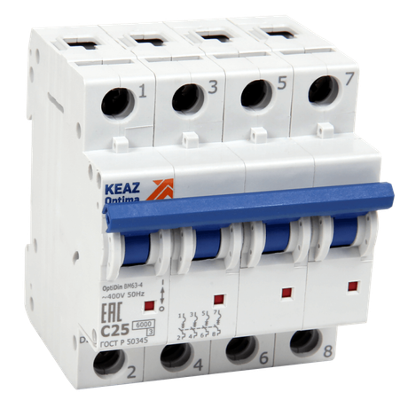 Выключатель автоматический четырехполюсный 25А N 6кА AC OptiDin BM63-4NC25-УХЛ3-РЕГ - 280526 КЭАЗ