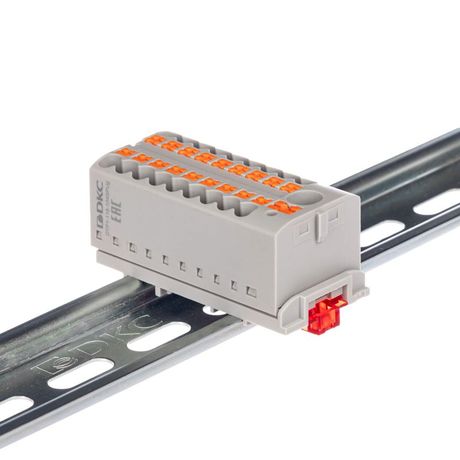 Блок распределительный с верт. адаптером на рейки шириной 15/35мм, зажим push-in, 1 ввод 6 кв.мм, 18 точек подключения 2,5 серый - DTP1-118-104SPUG-V ДКС