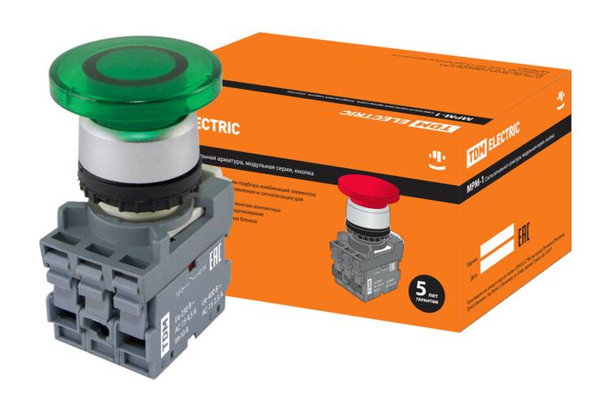 Кнопка грибовидная МРМ1-11G(LED) в сборе d40мм/24B 1з+1р зеленая | SQ0747-0032 TDM