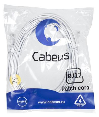 Патч-корд PC-TEL-RJ12-10m телефонный 2х6р4с, белый, PVC, 10 м - 7892c Cabeus
