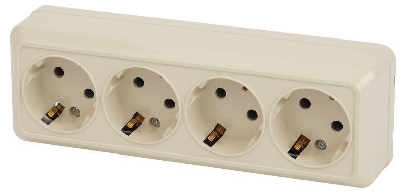 Розетка Quadro 2-208-02 четырехместная с заземлением 4х2P+E, 16А-250В, IP20, открытой установки, слоновая кость | Б0051133 Intro ЭРА