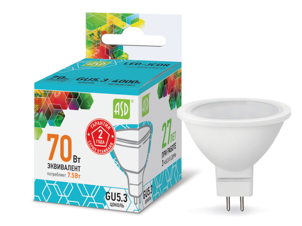 Лампа светодиодная LED-JCDR-standard 7.5Вт 4000К нейтр. бел. GU5.3 675лм 160-260В ASD 4690612001456