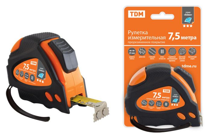 Рулетка 7,5 м х 25 мм, тройная фиксация, автостоп, обрезиненный корпус, магнит, "Алмаз" | SQ1018-0111 TDM
