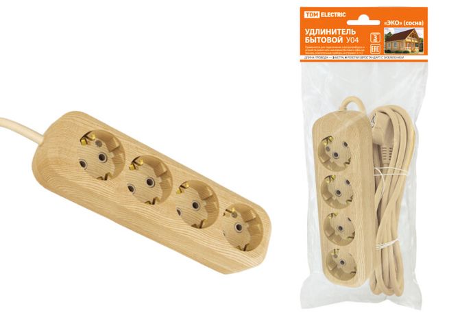 Удлинитель бытовой У04 4 гнезда, 3метра,2П+3, ПВС 3х1мм2 "Эко" (сосна) 16А/250В | SQ1303-2011 TDM