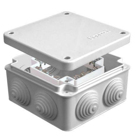 Коробка распределительная ОП 105х105х56мм IP54 с клемм. 7 выходов 4 гермоввода 16А 24 контакта крышка на винтах сер. Epplast 110058 Электропромпласт