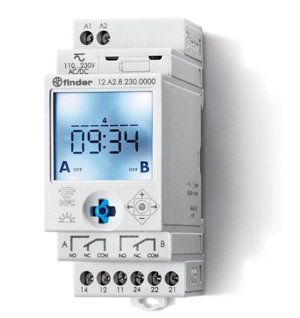 Реле времени цифровое недельное; монтаж на рейку 35мм; 2СO 16A; питание 24B AC/DC; NFC; ширина степень защиты IP20 | 12A200240000 Finder 12.A2.0.024.0000