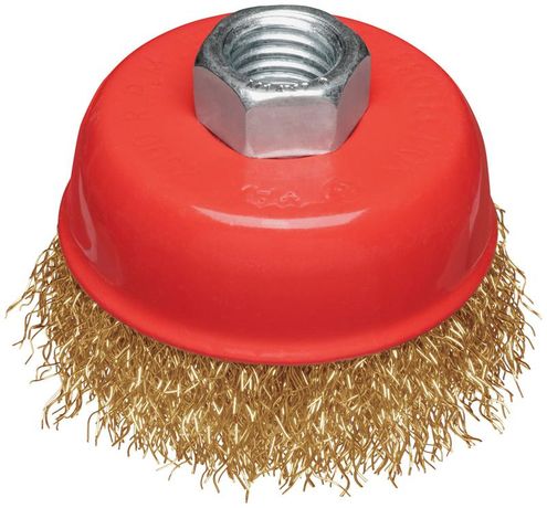 Корщетка-чашка гайка М14 стальная латунированная волнистая проволока 65мм блистер КУРС 39091