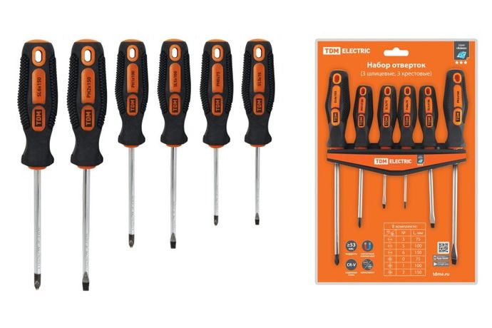 Набор отверток 6 шт.: SL:3x75;5x100;6x150, PH:0х75;1x100;2x150 (пласт. держатель), CR-V "Алмаз" | SQ1013-0207 TDM