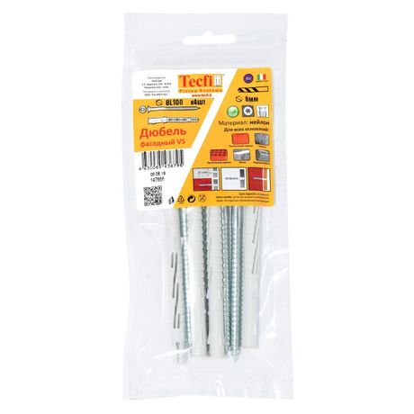 Дюбель фасадн. c шурупом потайн. гол с шлицем TORX 8x100 (4 шт) - пакет | 147666 Tecfi