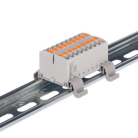 Блок распределительный с гориз. адаптером на рейку шириной 35мм, зажим push-in, 18 точек подключения 2,5 кв.мм, серый - DTP1-018-04SPUG-H ДКС