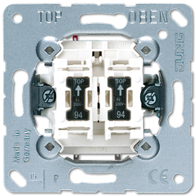 Балансирный выключатель 10 A/ 250 B, двухклавишный, пружинные зажимы, в комплекте 2 лампы (установлены); не подходит к клавишам серии EP; универсальны JUNG 505U5