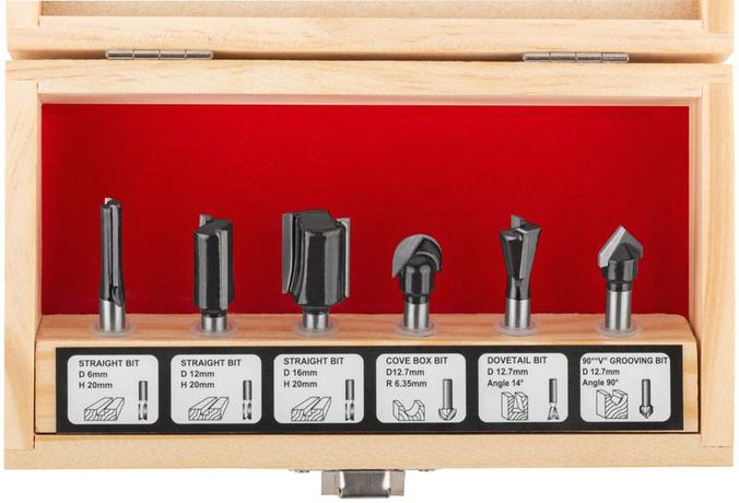 Фрезы по дереву кромочные набор 6шт деревянный бокс хвостовик 6мм (уп.6шт) FIT 36566 РОС