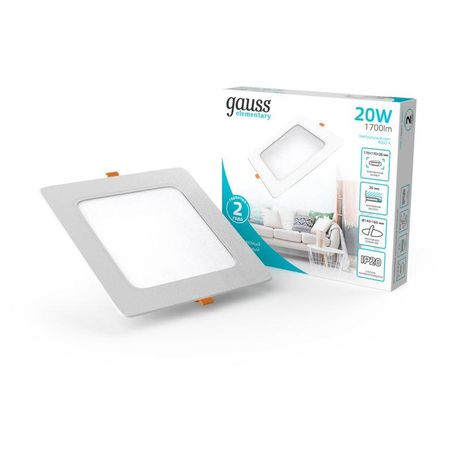 Светильник светодиодный ДВО 20 Вт 1700 лм 4000К AC 220В IP20 квадрат 170х170х26мм монт разм 140х140мм Пластик Elementary Gauss - 998420218