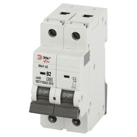 Автоматический выключатель PRO VA63-2P02B6 ВА47-63 2P 2А кривая B 6кА | Б0063107 ЭРА