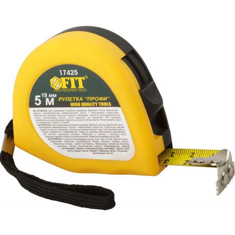 Рулетка Профи 5мх19мм калибр. лента; нейлон. покрытие; магн. крючок; эласт. корпус; двойн. стопор черн./желт. FIT 17425 РОС