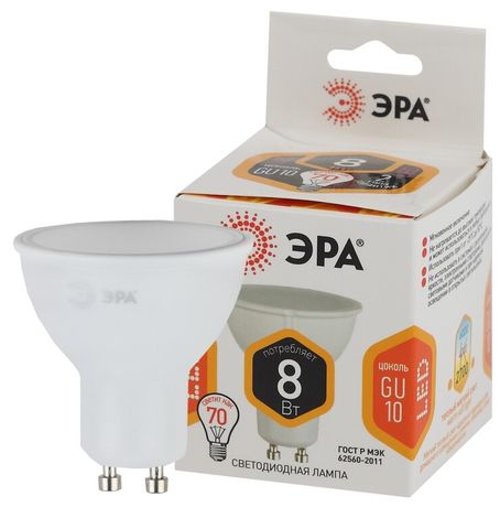 Лампа светодиодная LED MR16-8W-827-GU10 (диод, софит, 8Вт, тепл, GU10) ЭРА (10/100/4000) - Б0036728