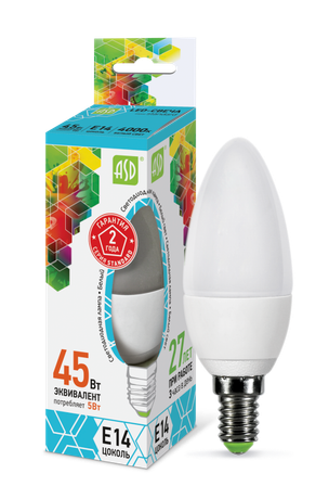 Лампа светодиодная LED-Свеча-standard 5Вт свеча 4000К нейтр. бел. E14 450лм 160-260В ASD 4690612002224